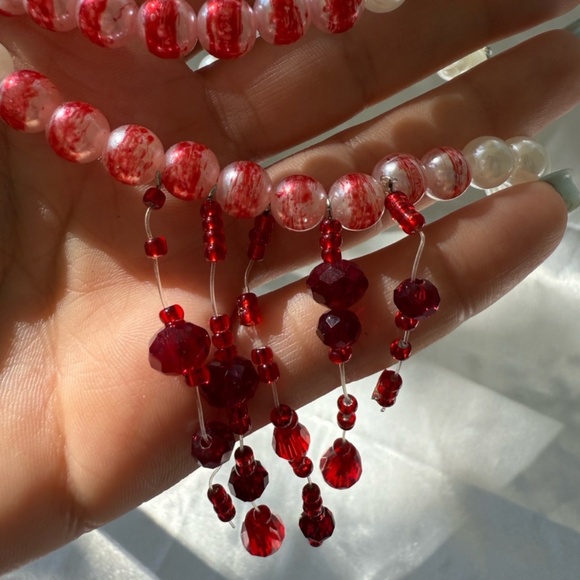 Glam Red Beaded Pearl Choker Necklace | Elegant Gothic Statement Jewelry - Picture 4 of 7